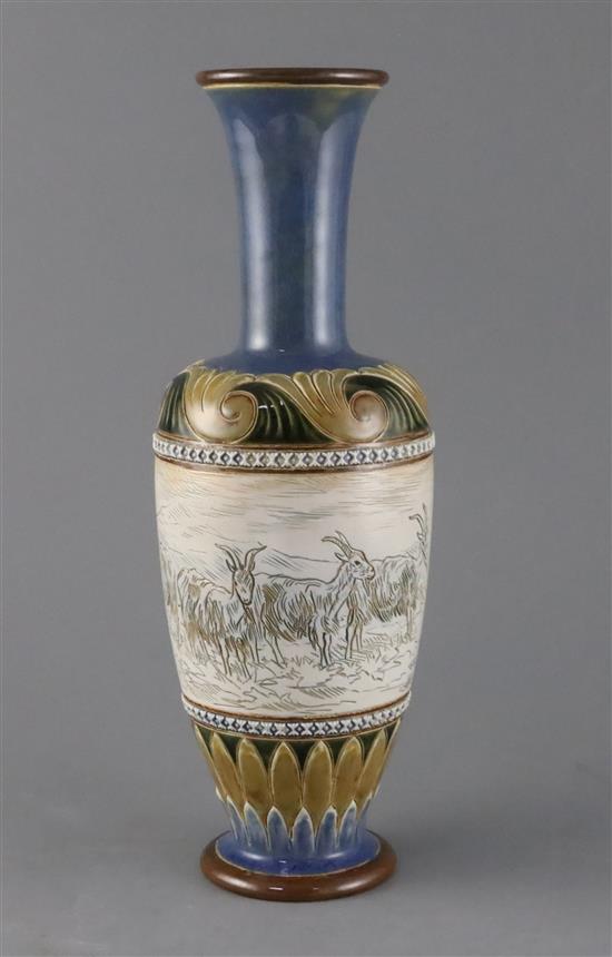 Hannah Barlow for Doulton Lambeth, a goats sgraffito vase, c.1895, 32cm